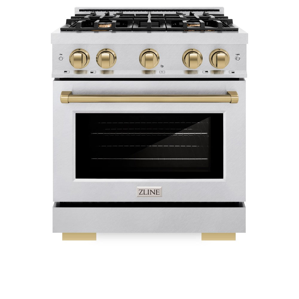 ZLINE ZLINE Autograph Edition 30 in. 4.2 cu. ft. Select Dual Fuel Range with 4 Burner Gas Cooktop and Electric Convection Oven in DuraSnow Stainless Steel with Champagne Bronze Accents (HDRSZ-30-CB)