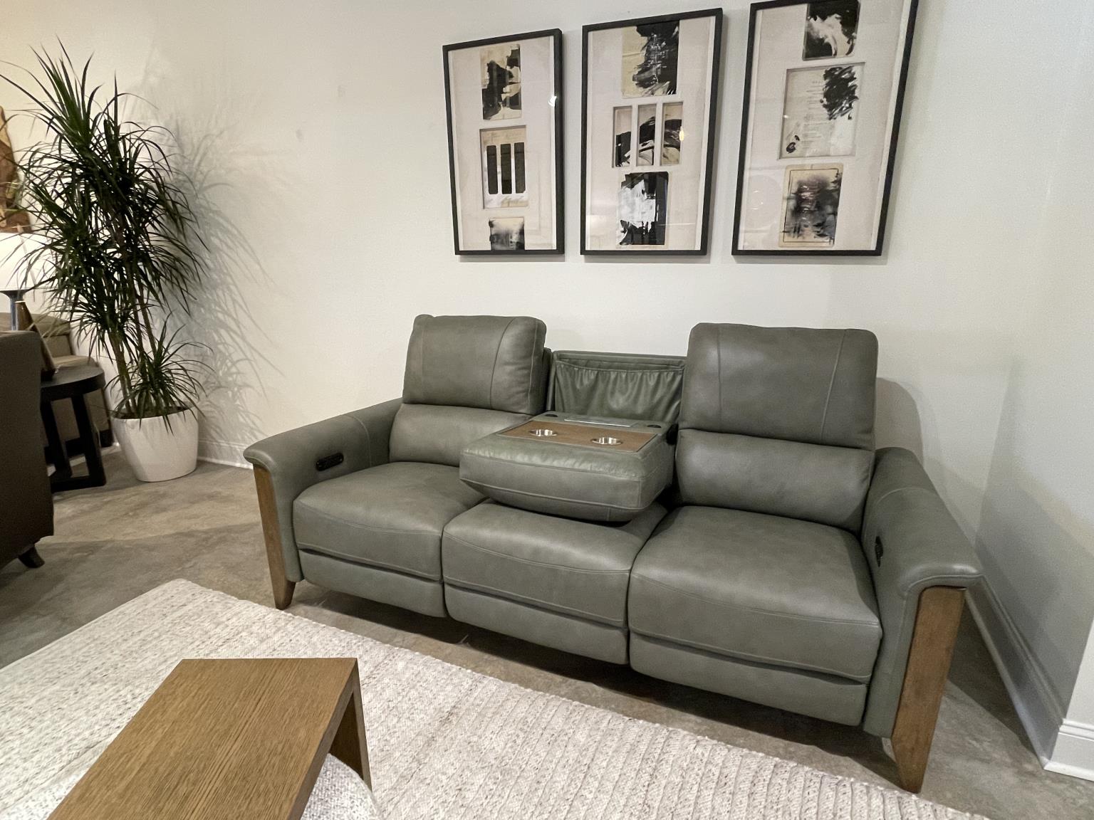 Legacy Classic Furniture LU320 Esme Ravello Moss UP P2 High Leg Sofa w/wood DDT, 2 snake lights, silver cupholders, wireless charging power strip, 2-18" Pillows