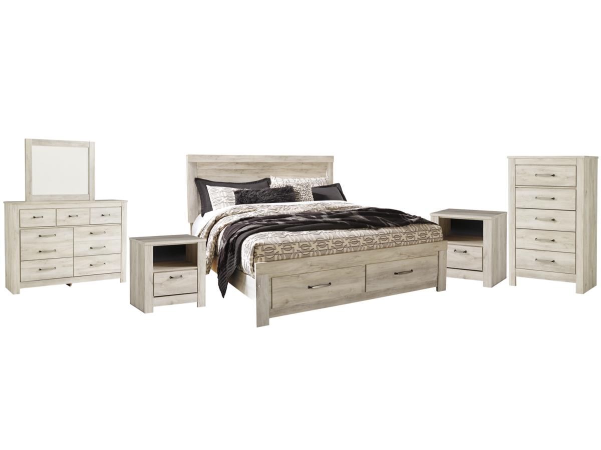 Signature Design by Ashley Bellaby Queen Platform Bed with 2 Storage Drawers with Mirrored Dresser, Chest and 2 Nightstands - King