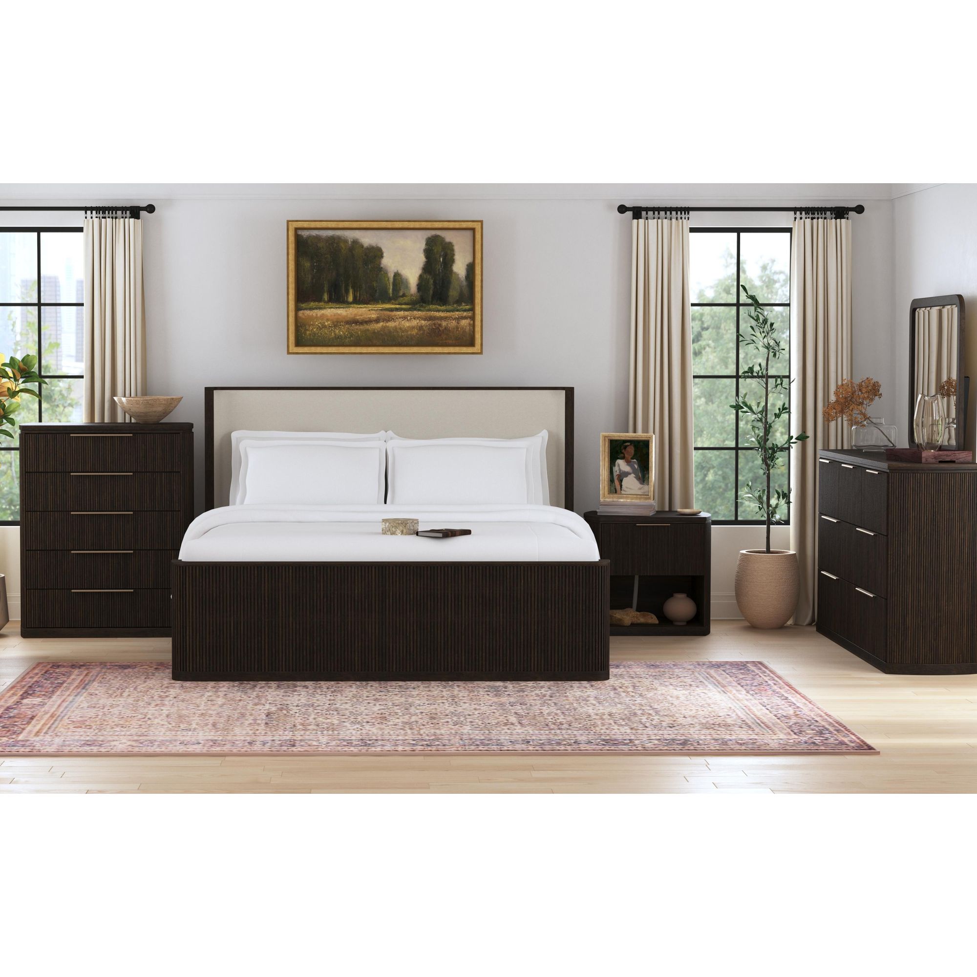Elements Sylvie King UPH 5PC Bedroom Set with White Fabric in Dark Brown