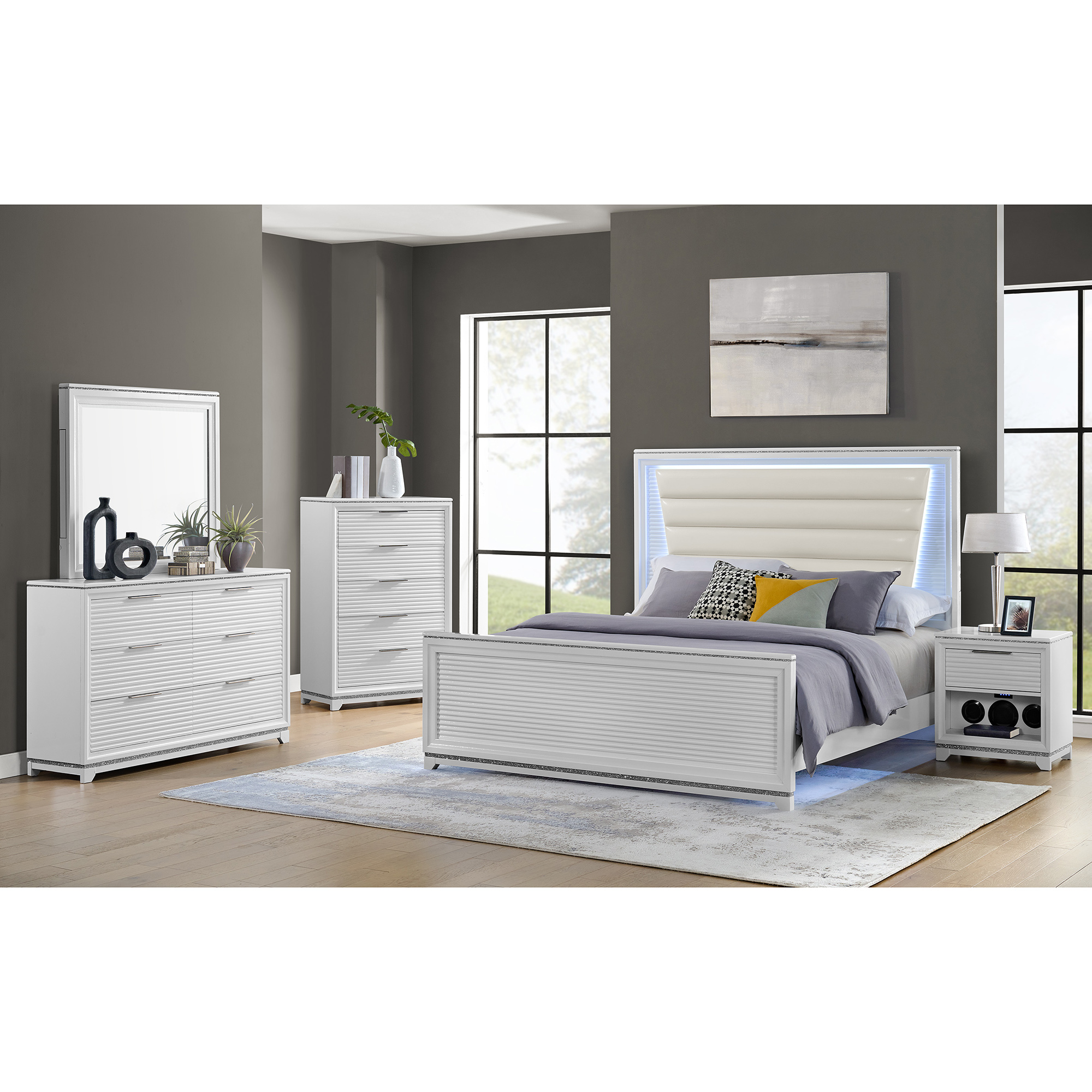 Elements Denmark Queen UPH 3PC Bedroom Set with Lights in White