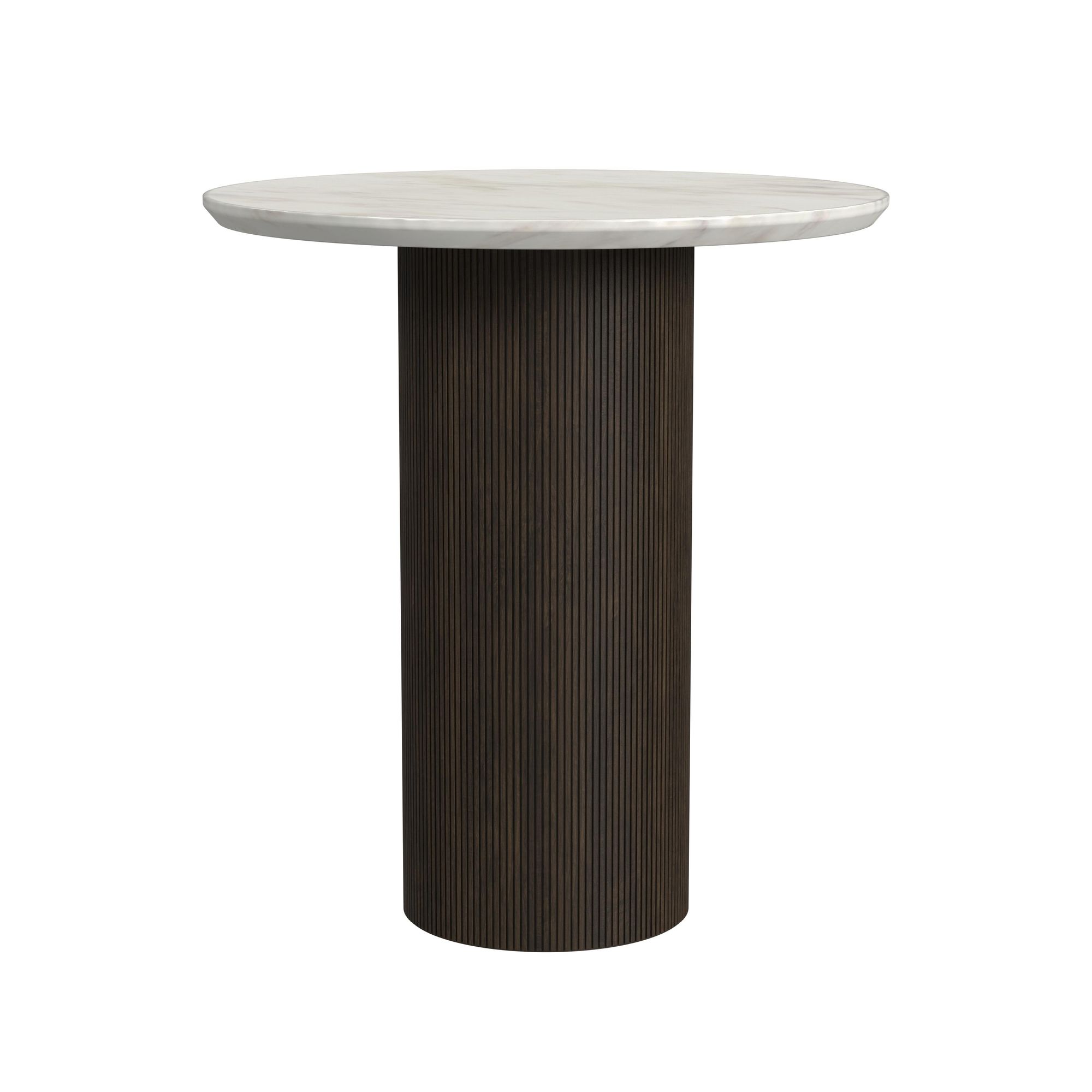 Elements Sylvie Round End Table with White Faux Marble Top and Base in Dark Brown