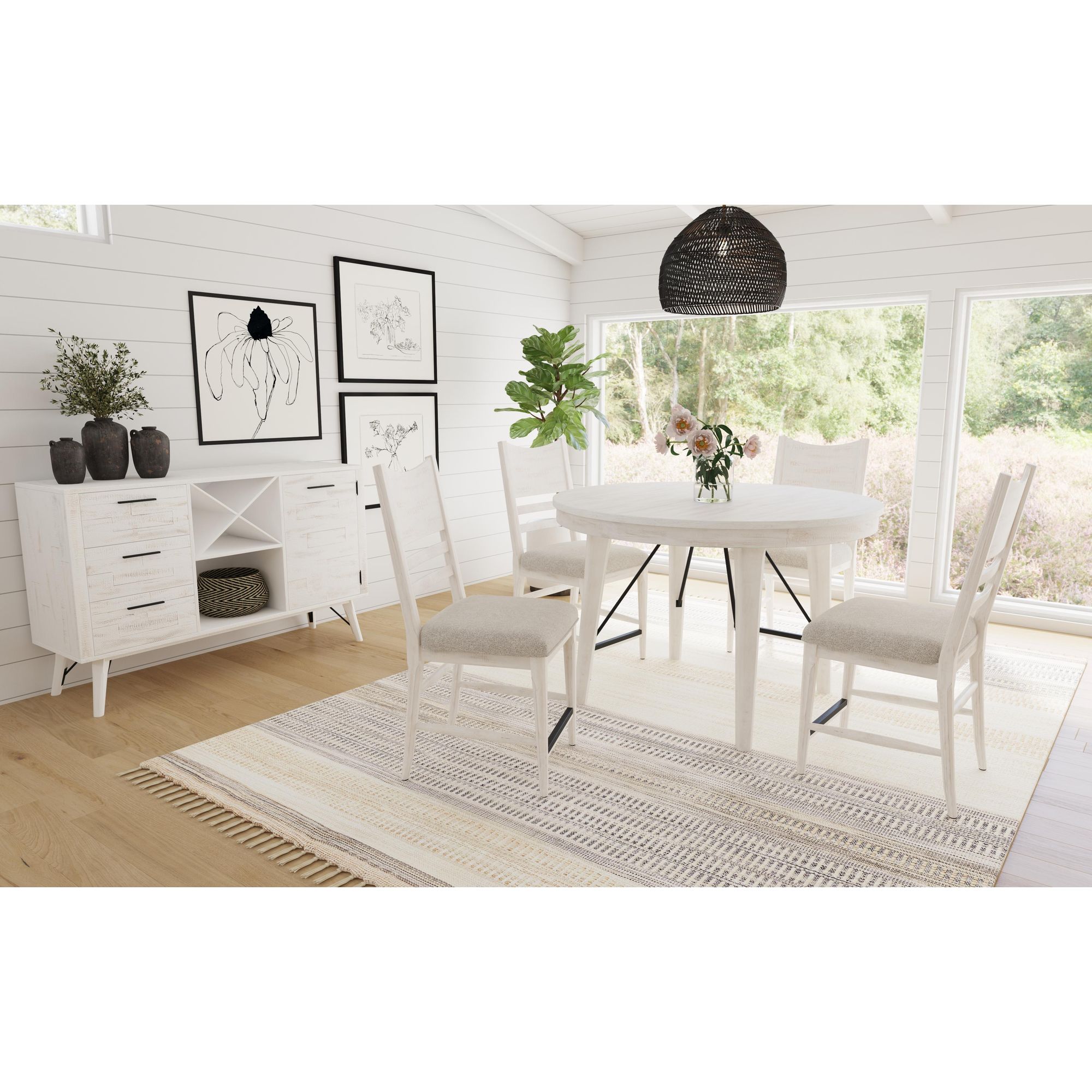 Elements Rogen Rustic 5PC Counter Height Dining Set in Rustic White-Round Table and Four Chairs