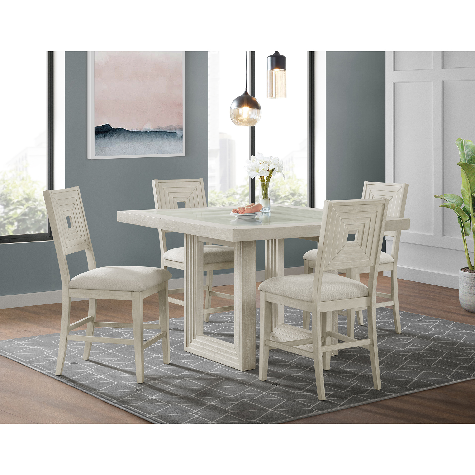 Elements Avalanche 5PC Square Counter Height Dining Set in Antique White-Table and Four Chairs