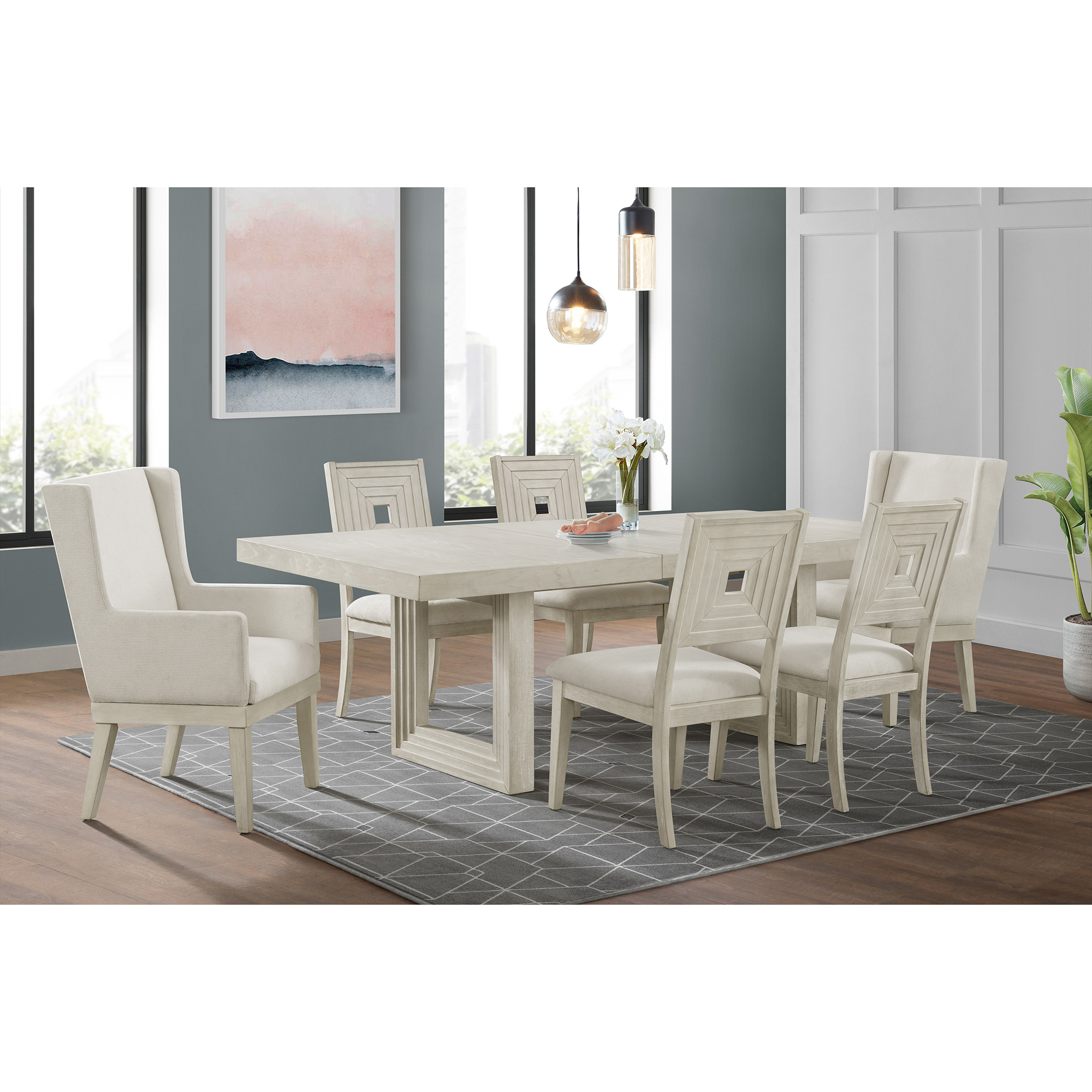 Elements Avalanche 7PC Standard Height Dining Set in Antique White-Table, Four Chairs and Two Arm Chairs