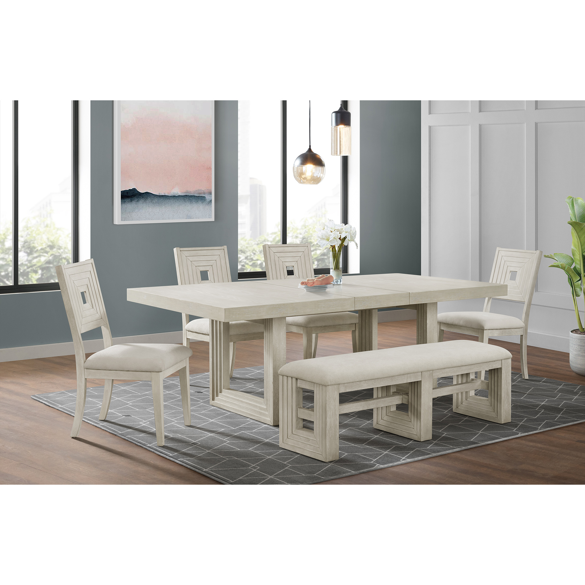 Elements Avalanche 6PC Standard Height Dining Set in Antique White-Table, Four Chairs & Bench