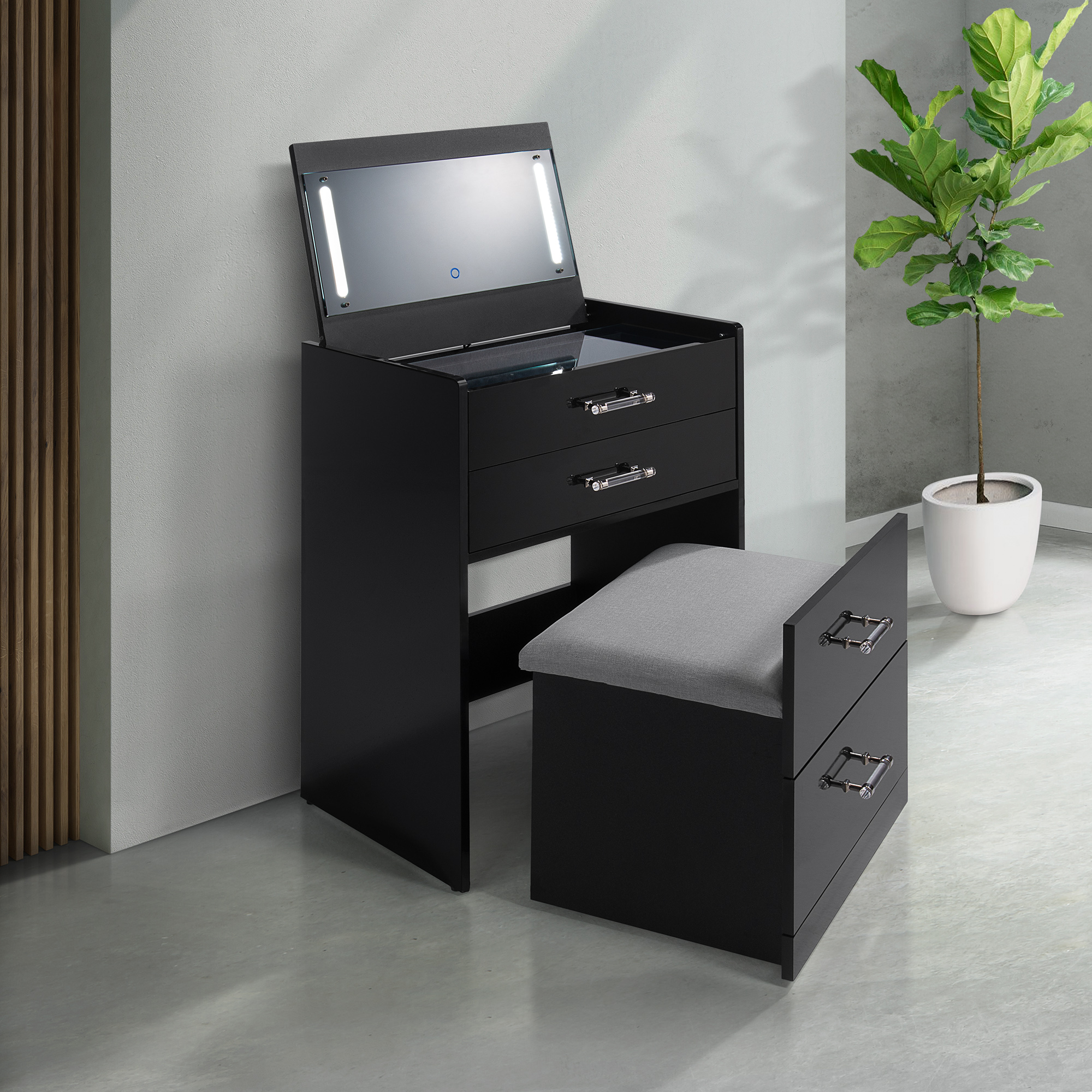 Elements Irvine Mini Dressing Table with Stool, LED and USB in Glossy Black