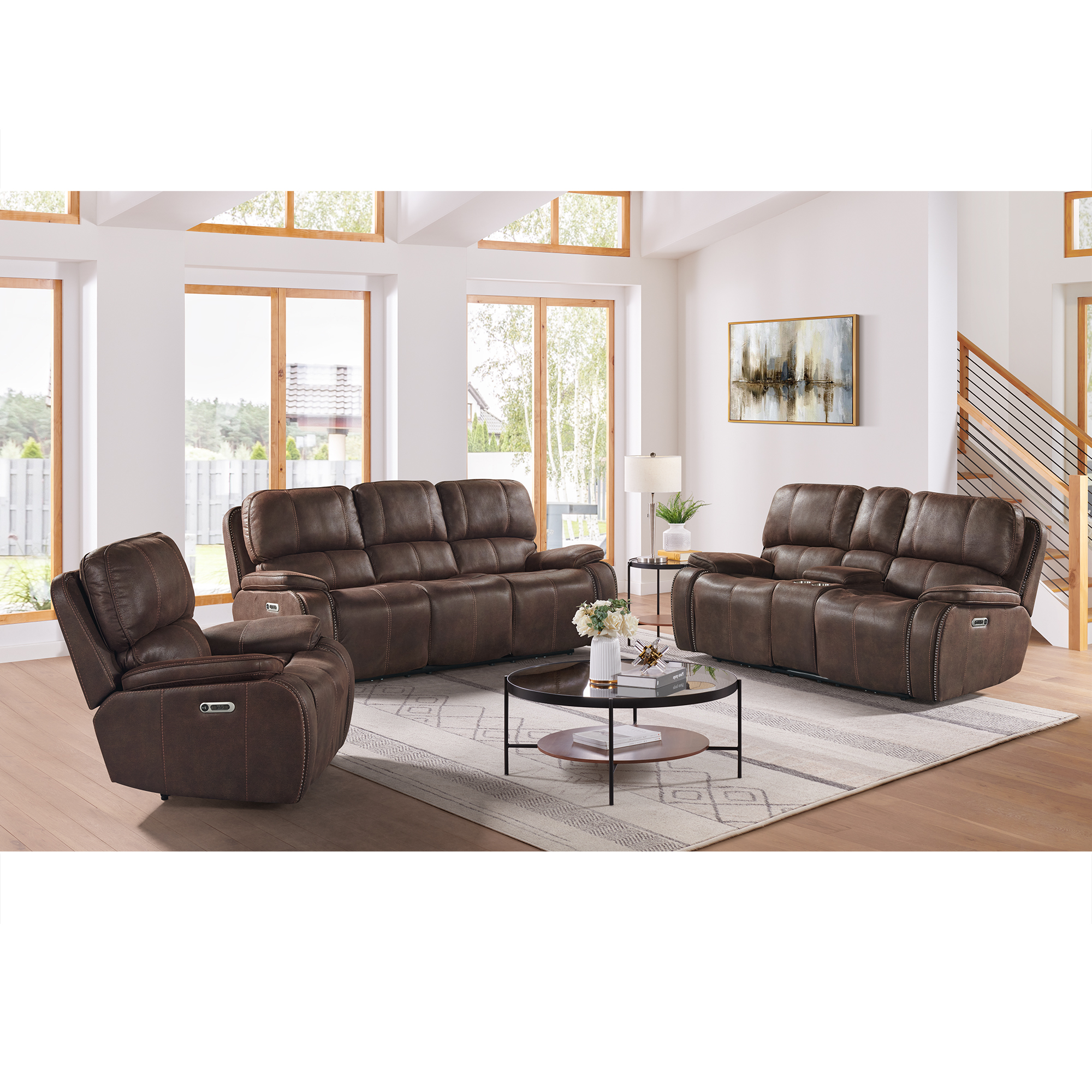 Elements Atlantis 3PC Living Room Set in Heritage Coffee-Sofa, Loveseat & Recliner