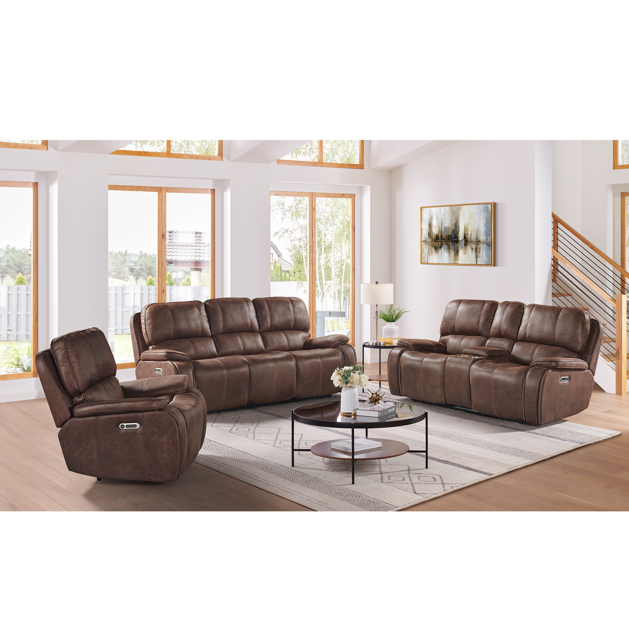 Elements Atlantis 3PC Living Room Set in Heritage Brown-Sofa, Loveseat & Recliner