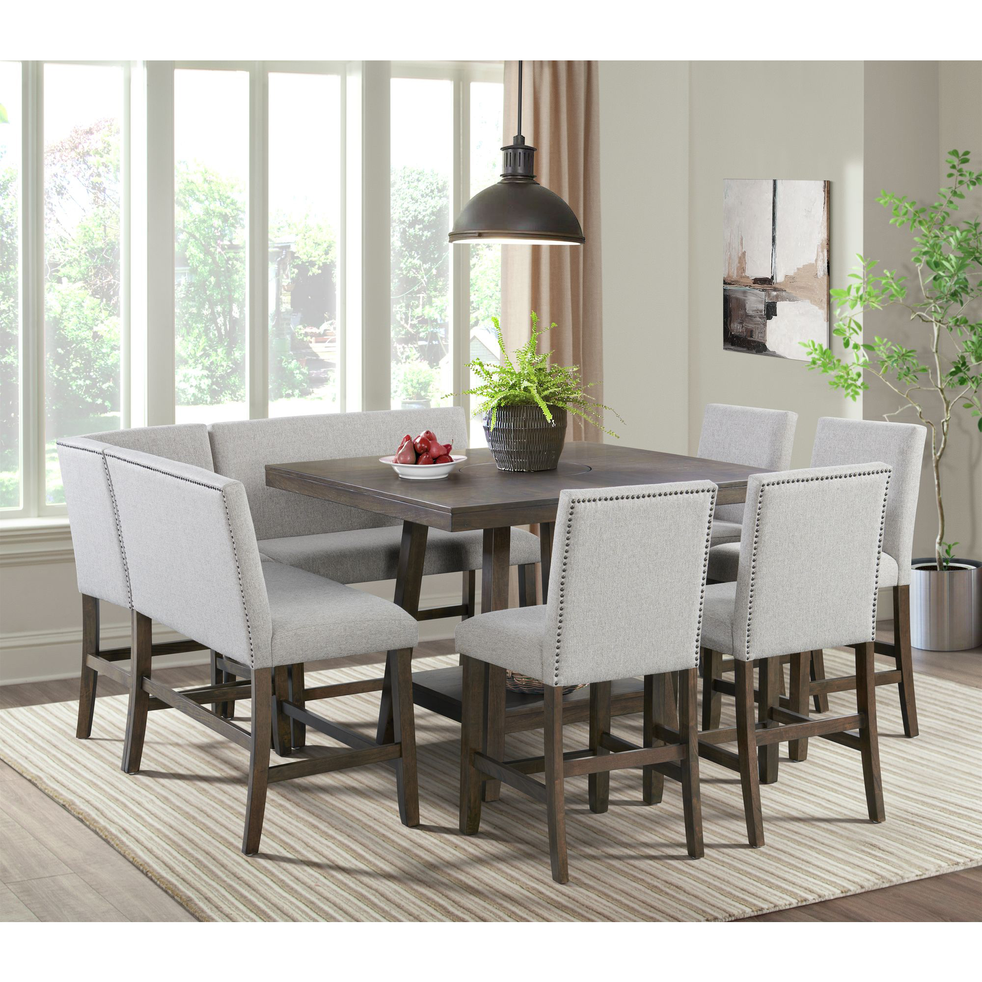 Elements Seneca Counter 3PC Corner Bench with Grey Fabric in Brown
