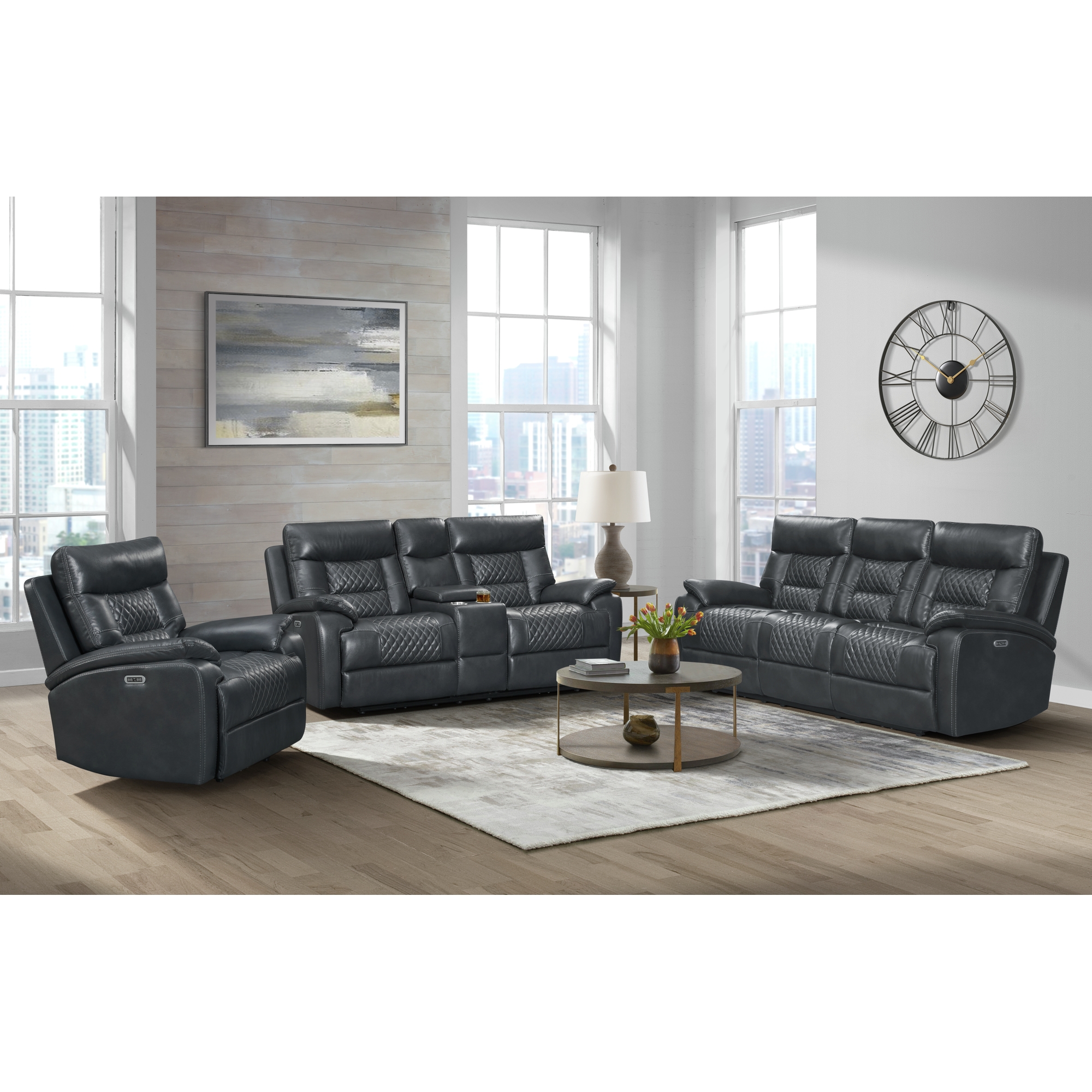 Elements Trinidad Power Motion Loveseat with Power Motion Head Recliner & Console in Pebble Grey