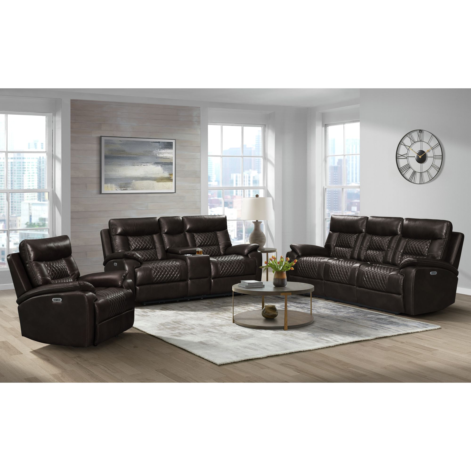 Elements Trinidad Power Motion Loveseat with Power Motion Head Recliner & Console in Pebble Brown