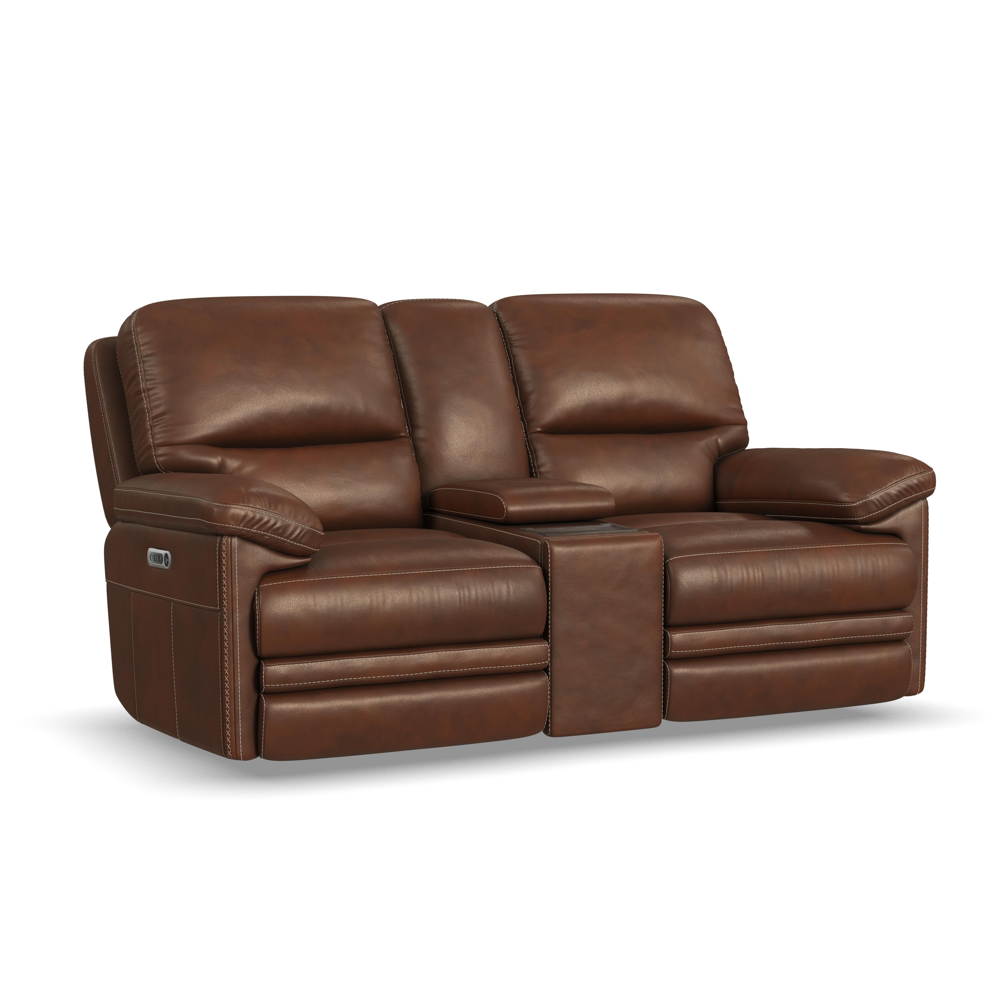 Flexsteel David Power Reclining Loveseat with Console, Power Headrests & Lumbar
