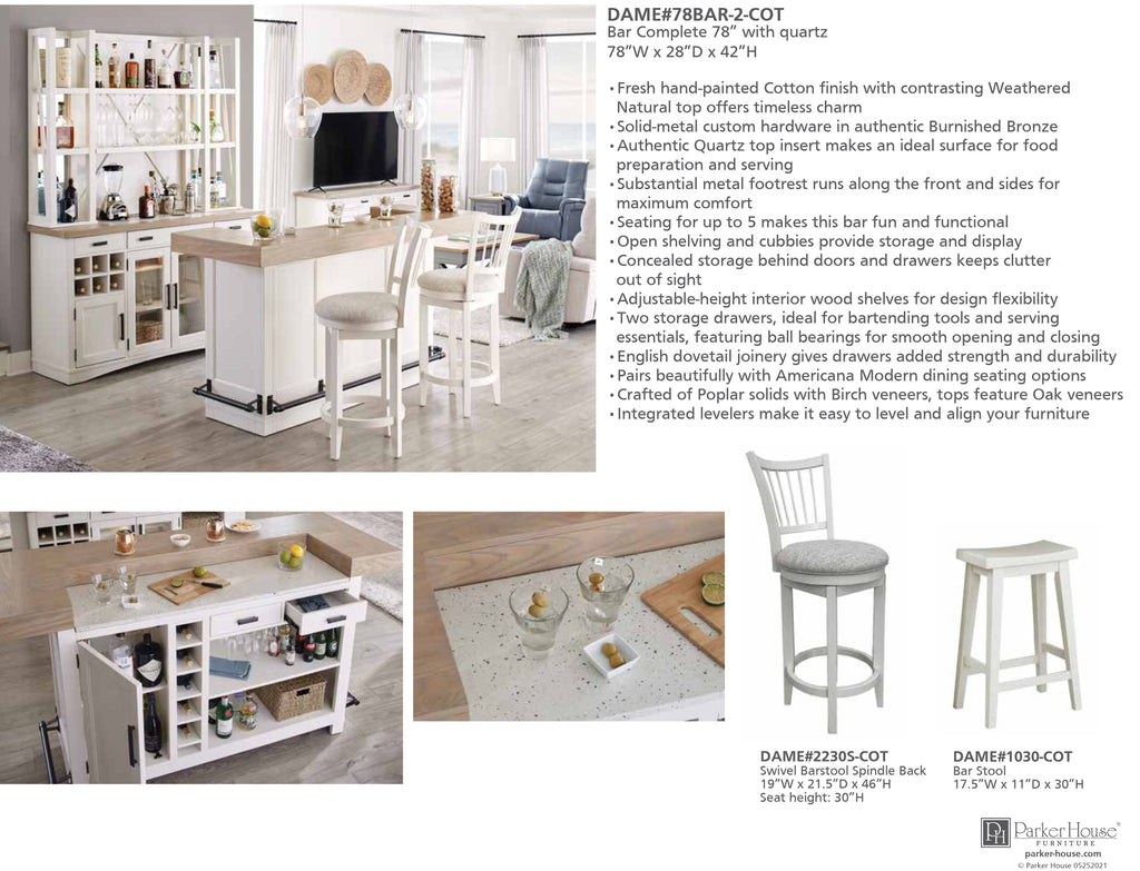 Model: DAME#78BAR-2-COT | Parker House Americana Modern Dining 78 In. Bar with Quartz Insert