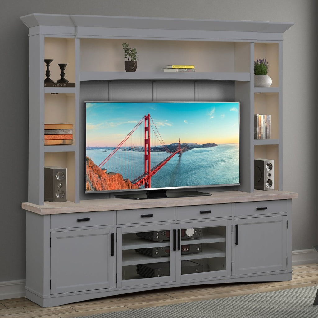 Parker House Americana Modern - Dove 92 In. TV Console with Hutch Back Panel and LED Lights