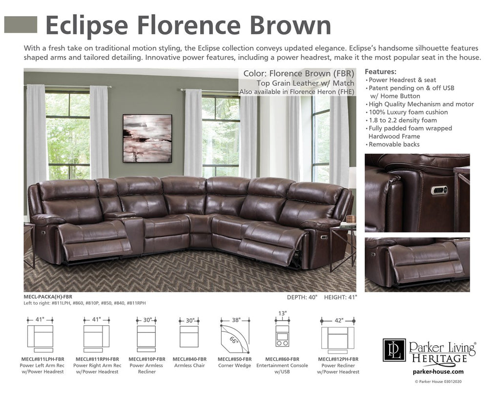 Model: MECL-PACKA(H)-FBR | Parker House Eclipse - Florence Brown 6pc Power Reclining Sectional
