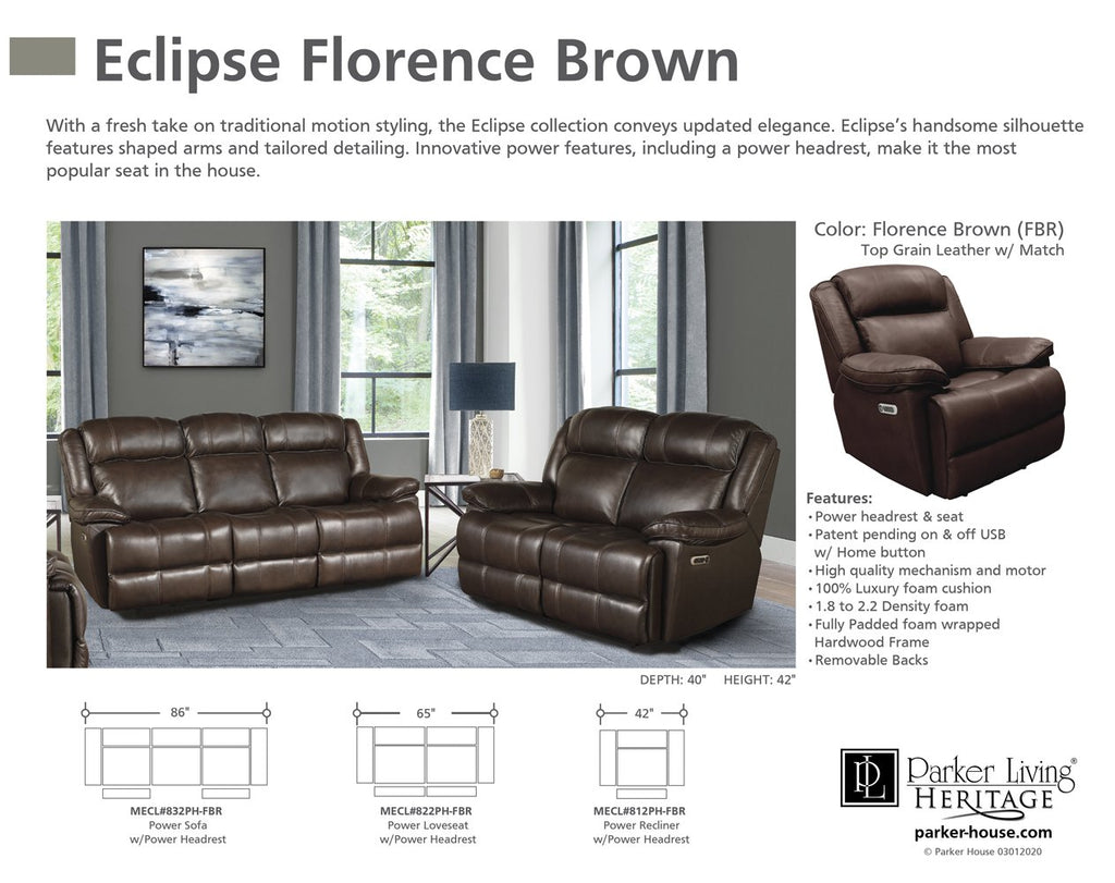 Model: MECL#812PH-FBR | Parker House Eclipse - Florence Brown Power Recliner