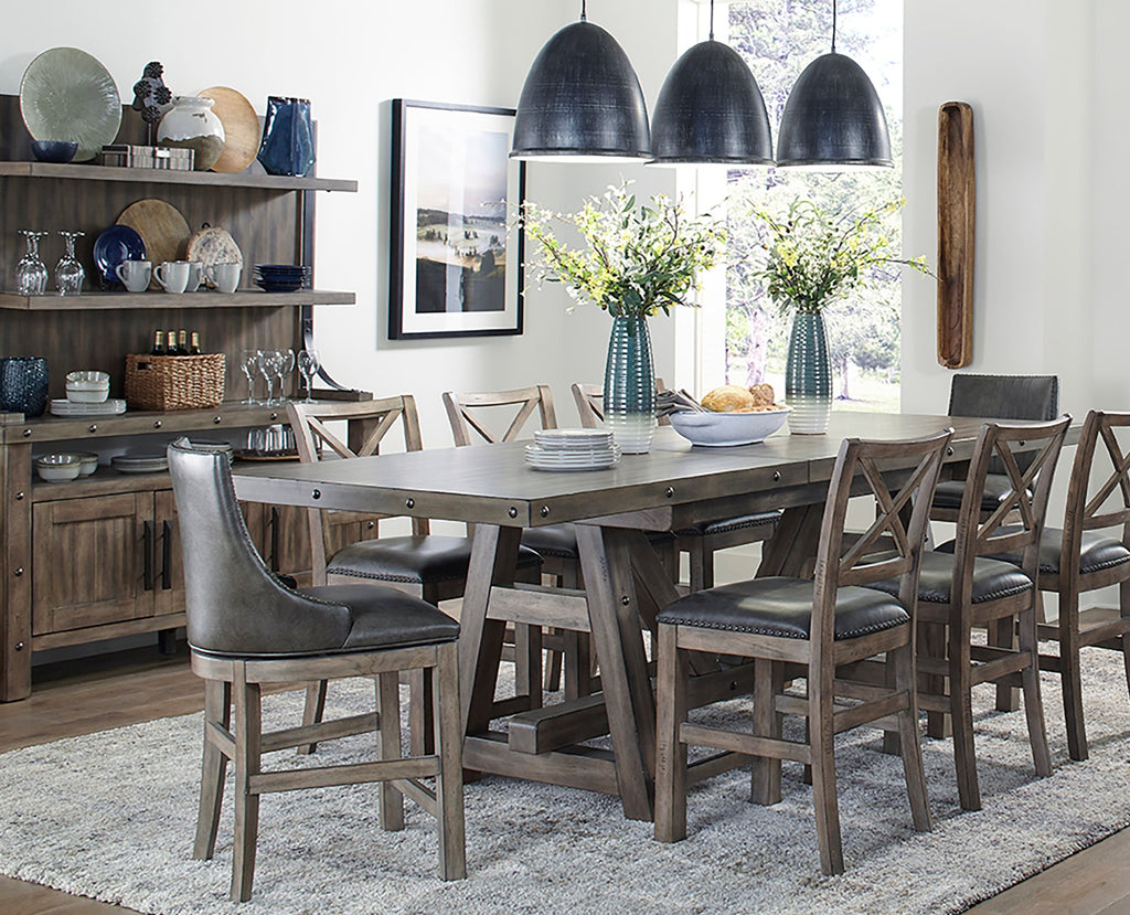 Parker House Lodge Dining 12 Piece 86 In. Counter Height Table With 2 Sling 6 X Back Stools Display Hutch