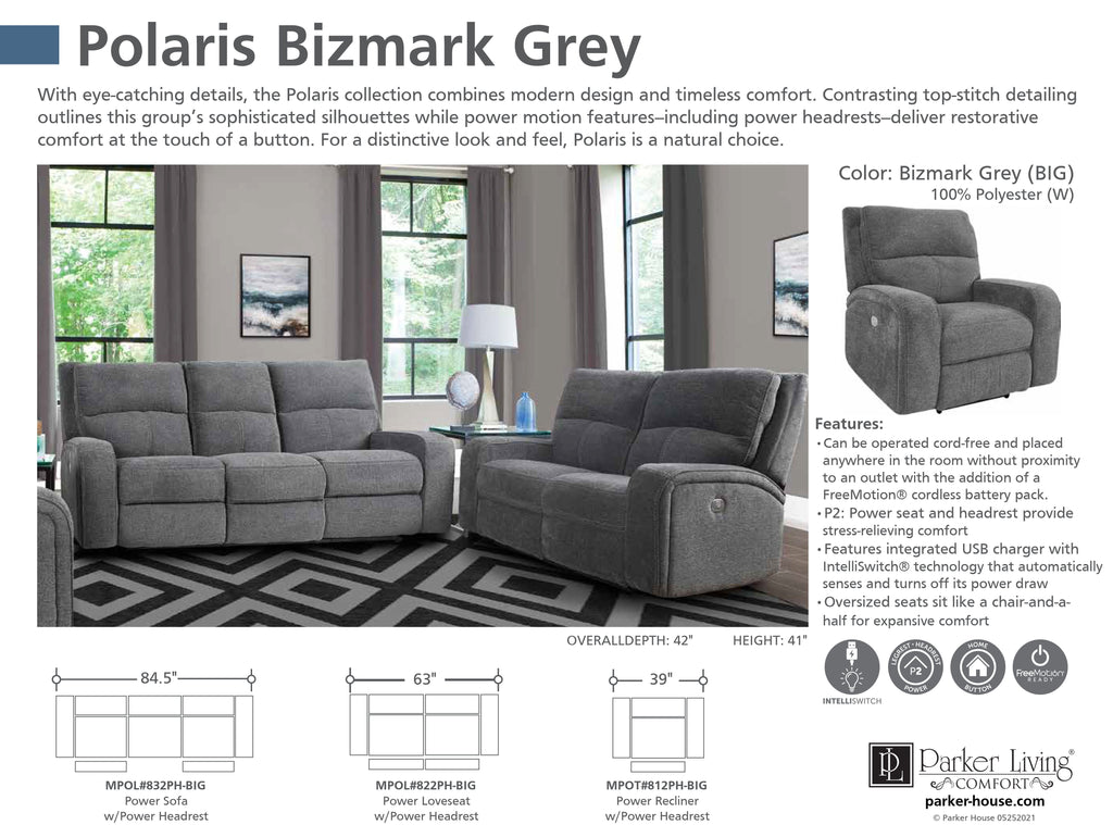 Model: MPOL#832PH-BIG | Parker House Polaris - Bizmark Grey Power Sofa