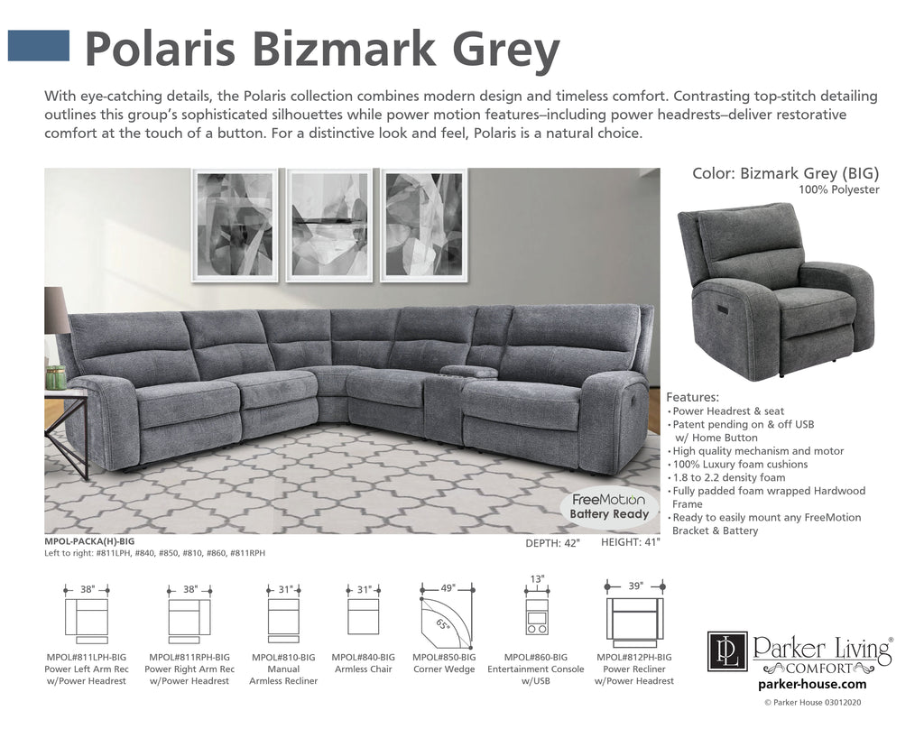Model: MPOL#812PH-BIG | Parker House Polaris - Bizmark Grey Power Recliner