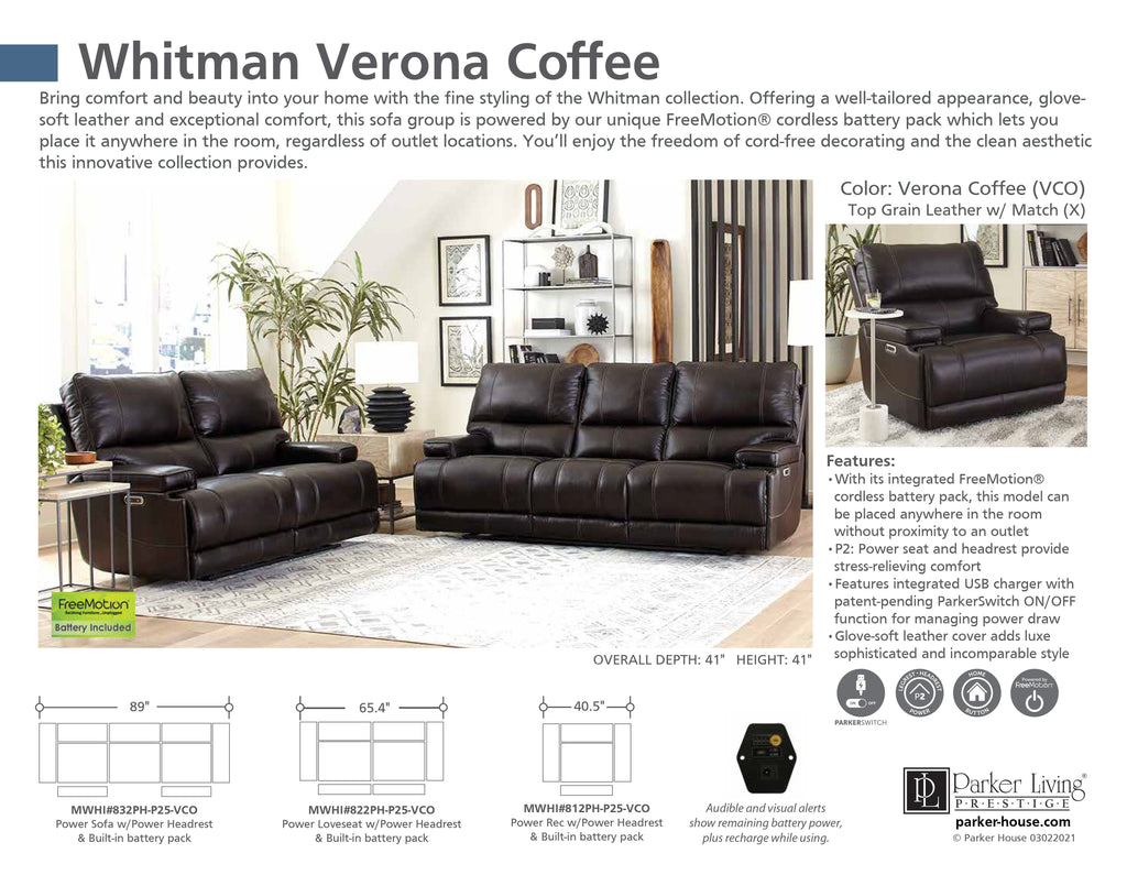 Model: MWHI-321PH-P25-VCO | Parker House Whitman - Verona Coffee - Powered By Freemotion Power Reclining Collection