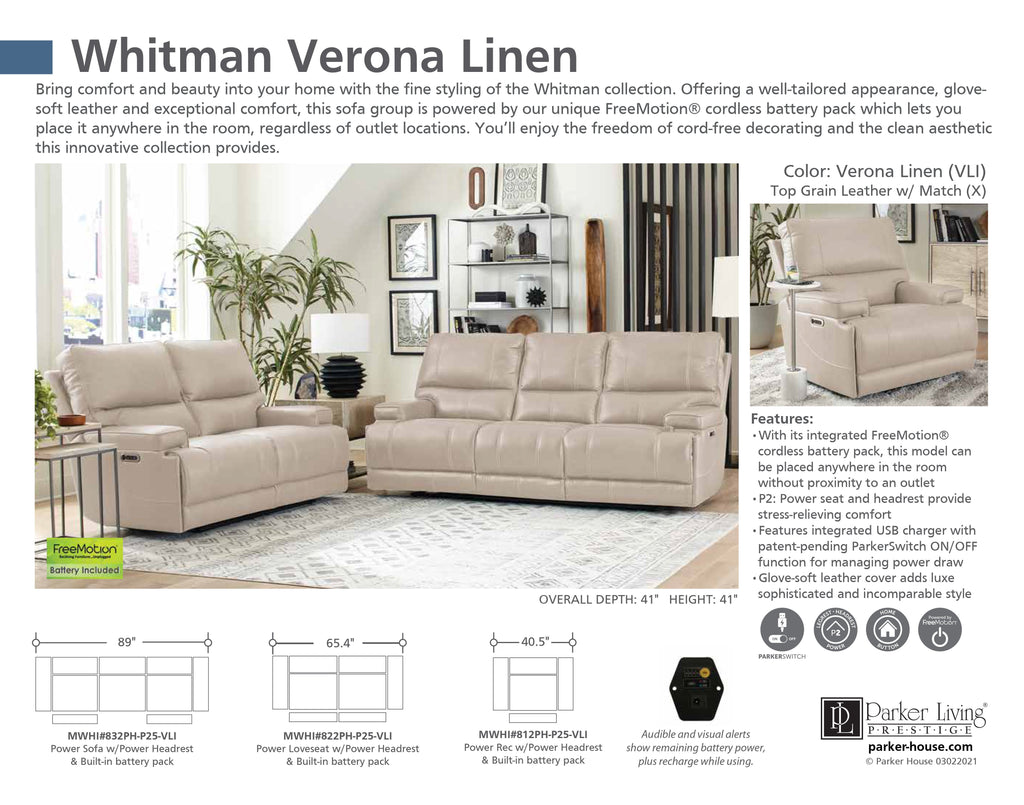 Model: MWHI-321PH-P25-VLI | Parker House Whitman - Verona Linen - Powered By Freemotion Power Reclining Collection