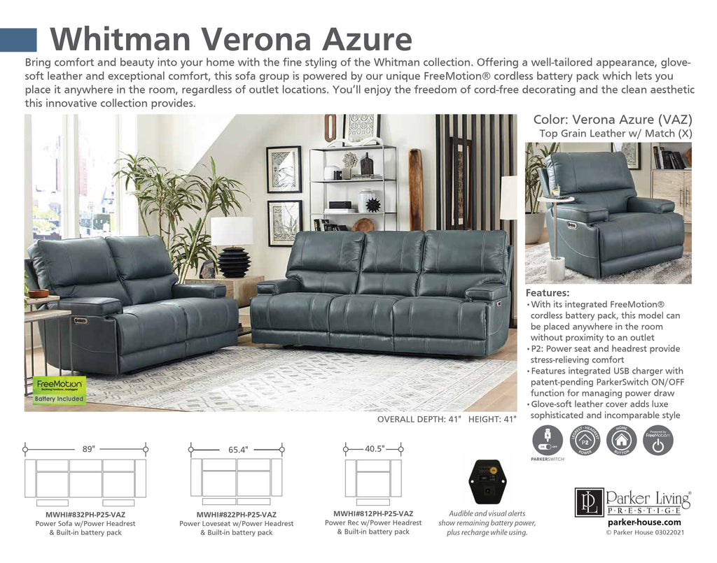 Model: MWHI#822PH-P25-VAZ | Parker House Whitman - Verona Azure - Powered By Freemotion Power Cordless Loveseat