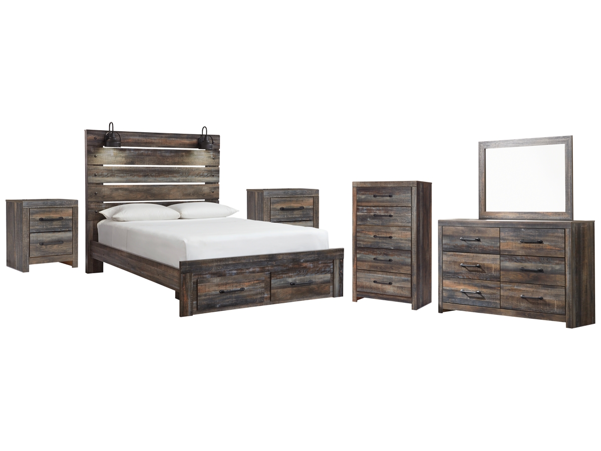 Signature Design by Ashley Drystan Queen Panel Bed with 2 Storage Drawers with Mirrored Dresser, Chest and 2 Nightstands - Queen