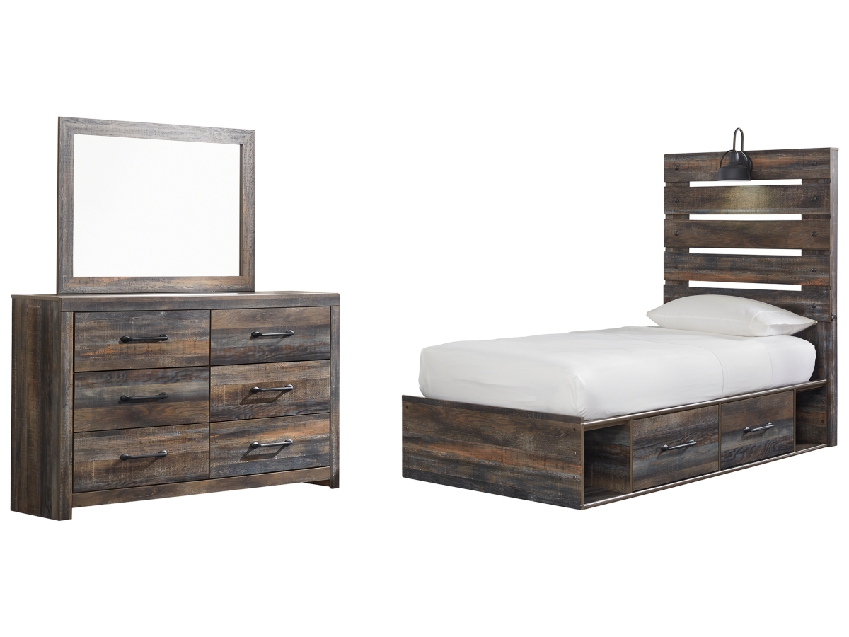 Signature Design by Ashley Drystan Queen Panel Bed with 4 Storage Drawers with Mirrored Dresser - Twin