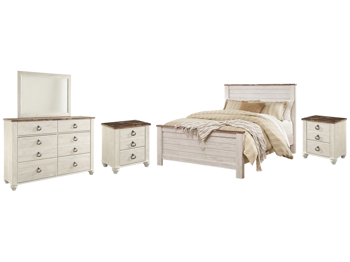 Signature Design by Ashley Willowton Queen Panel Bed with Mirrored Dresser and 2 Nightstands - Queen