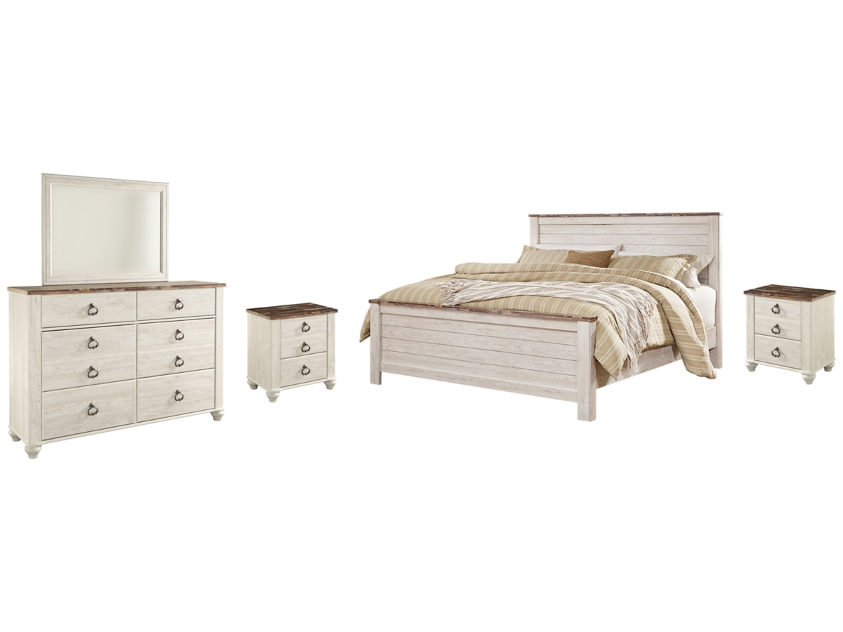 Signature Design by Ashley Willowton Queen Panel Bed with Mirrored Dresser and 2 Nightstands - King