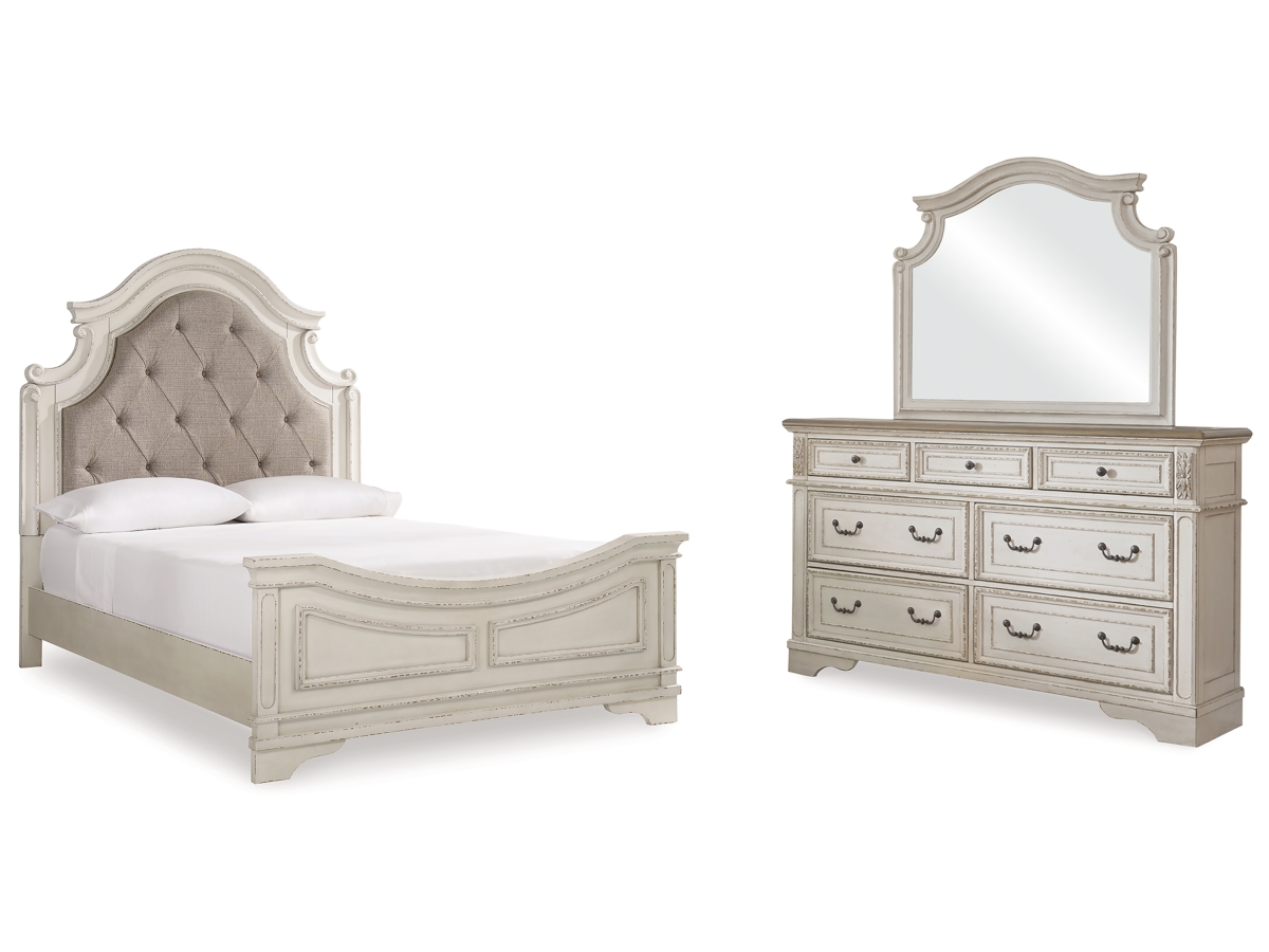 Signature Design by Ashley Realyn Queen Upholstered Panel Bed with Mirrored Dresser - Queen