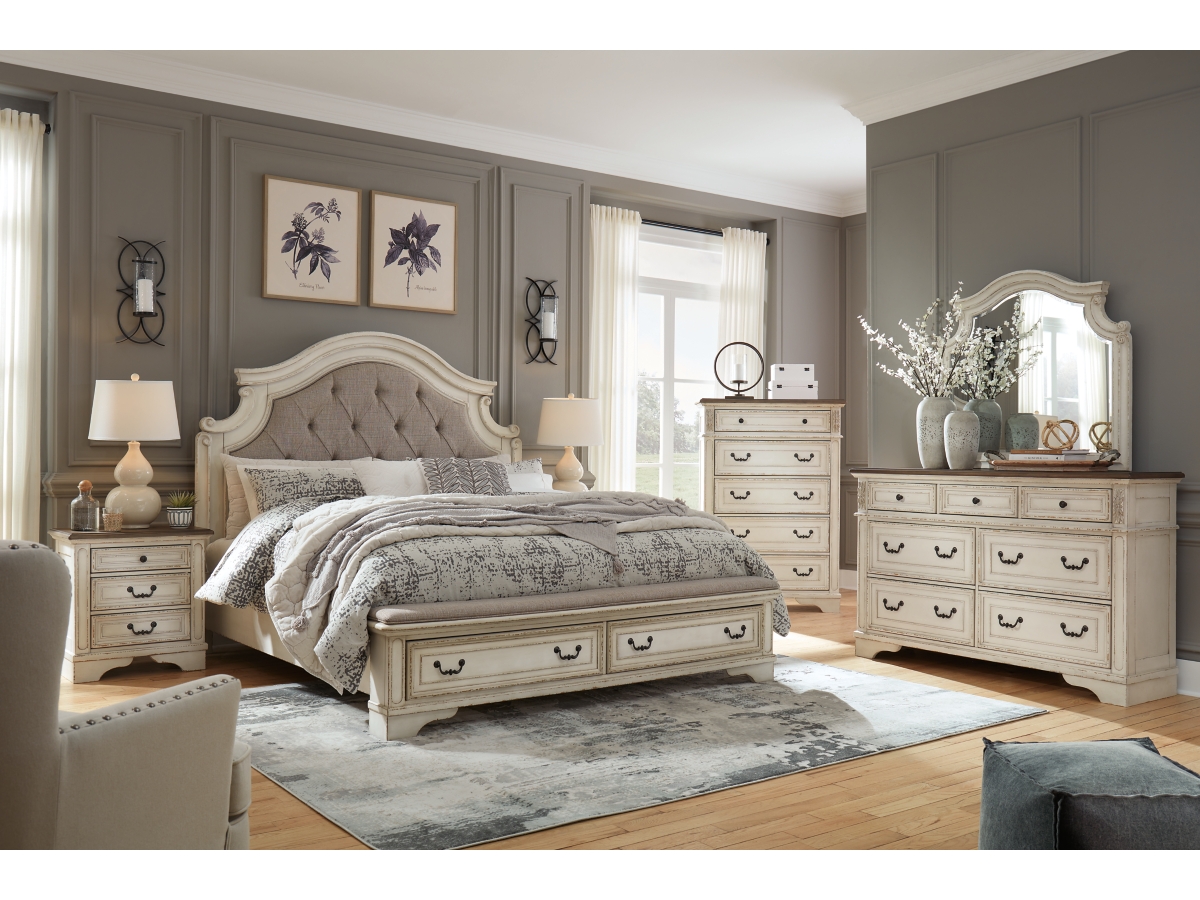 Signature Design by Ashley Realyn Queen Upholstered Bed with Mirrored Dresser - King