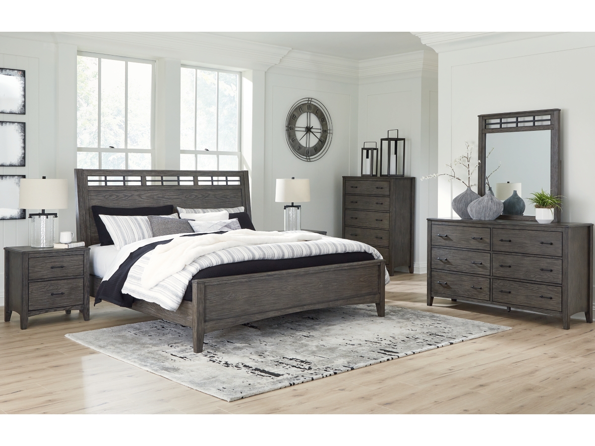 Signature Design by Ashley Montillan Queen Panel Bed with Mirrored Dresser, Chest and 2 Nightstands - California King