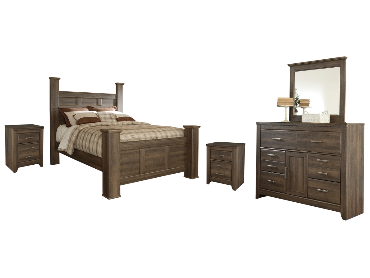 Signature Design by Ashley Juararo Queen Poster Bed with Mirrored Dresser and 2 Nightstands