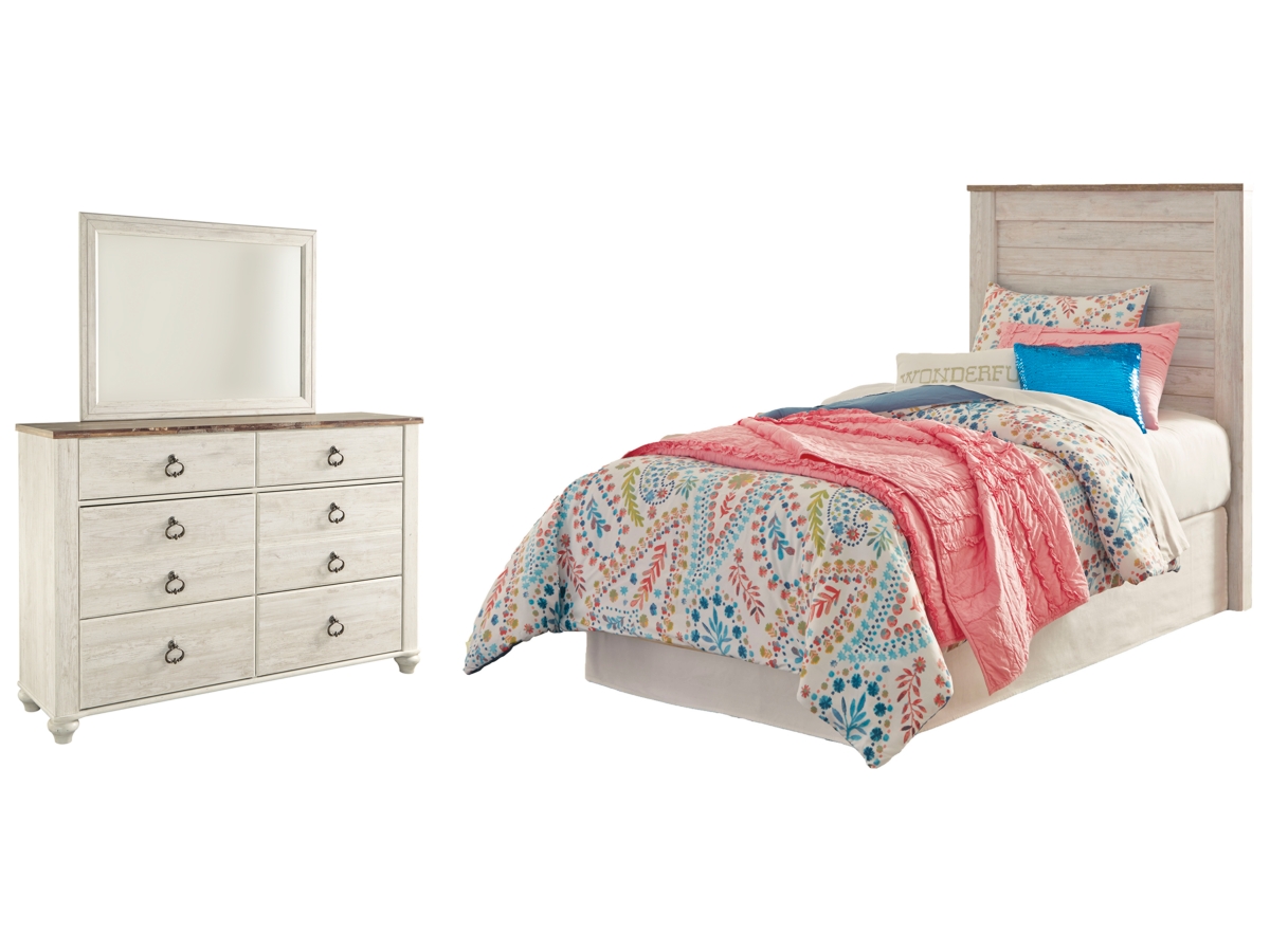Signature Design by Ashley Willowton Twin Panel Headboard Bed with Mirrored Dresser - Twin