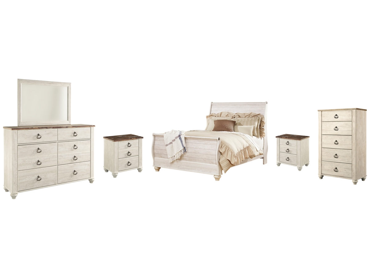 Signature Design by Ashley Willowton Queen Sleigh Bed with Mirrored Dresser, Chest and 2 Nightstands - Queen