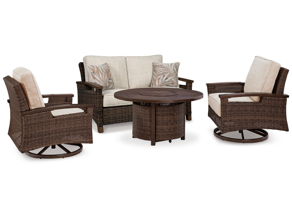 Ashley Paradise Trail Outdoor Loveseat and 2 Lounge Chairs with Fire Pit Table