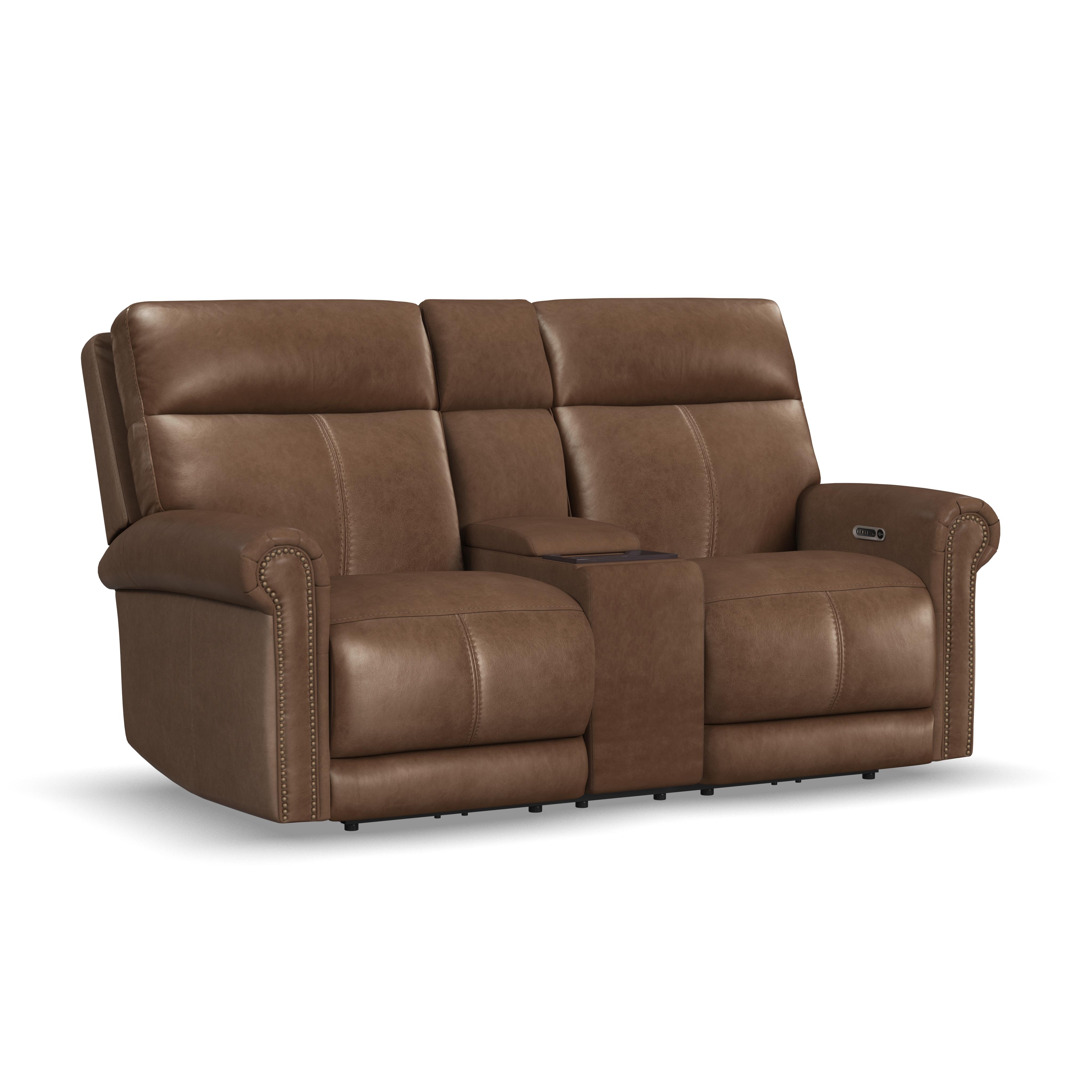Flexsteel Alexander Power Reclining Loveseat with Console, Power Headrest & Lumbar