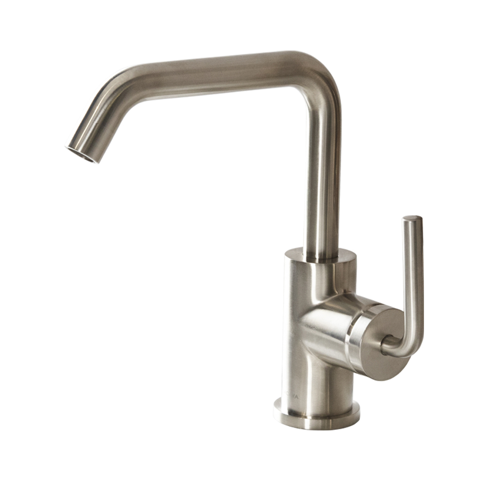 LACAVA Deck-mount single-hole faucet with a squared-gooseneck swiveling spout, one curved lever handle, and a pop-up drain
