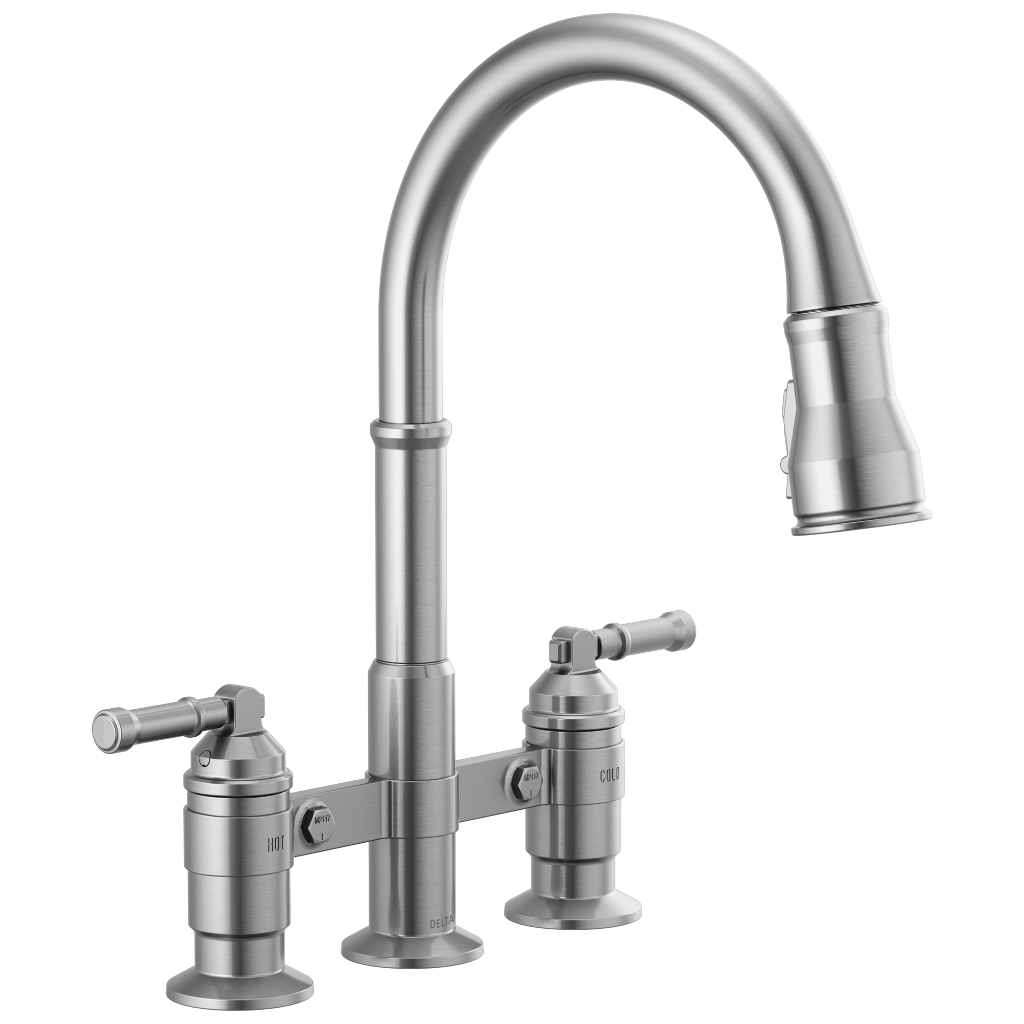 Delta Delta Broderick®: Two Handle Pull-Down Bridge Kitchen Faucet Delta Delta Broderick®: Two Handle Pull-Down Bridge Kitchen Faucet