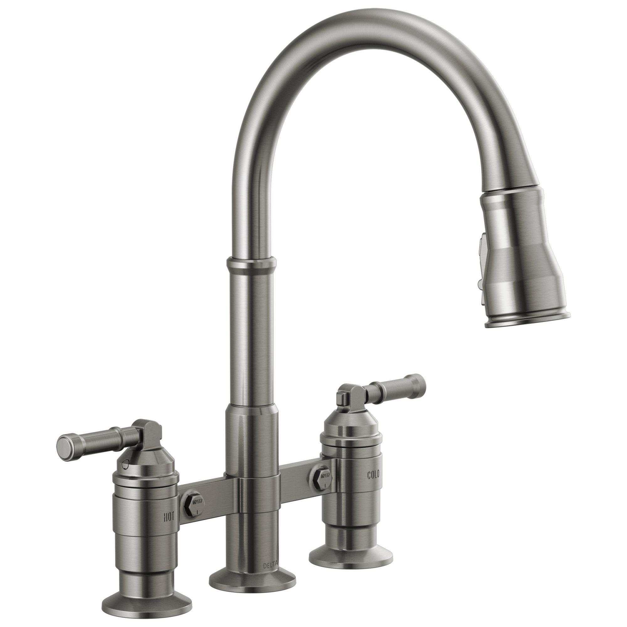 Delta Delta Broderick®: Two Handle Pull-Down Bridge Kitchen Faucet Delta Delta Broderick®: Two Handle Pull-Down Bridge Kitchen Faucet