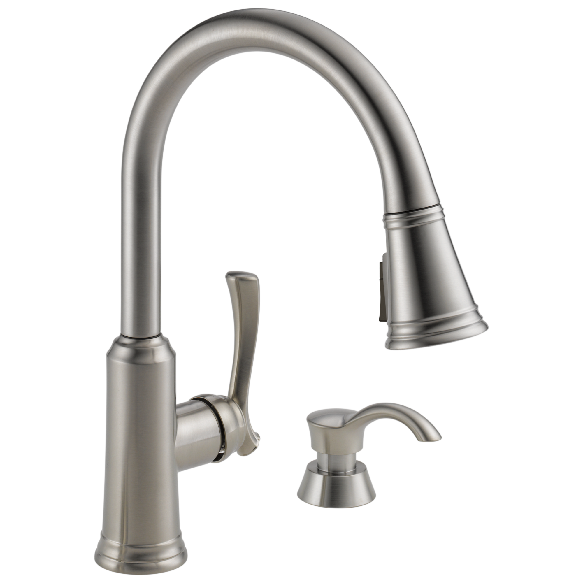 Delta Delta Lakeview®: Single Handle Pull-Down Kitchen Faucet with Soap Dispenser and ShieldSpray® Technology Delta Delta Lakeview®: Single Handle Pull-Down Kitchen Faucet with Soap Dispenser and ShieldSpray® Technology