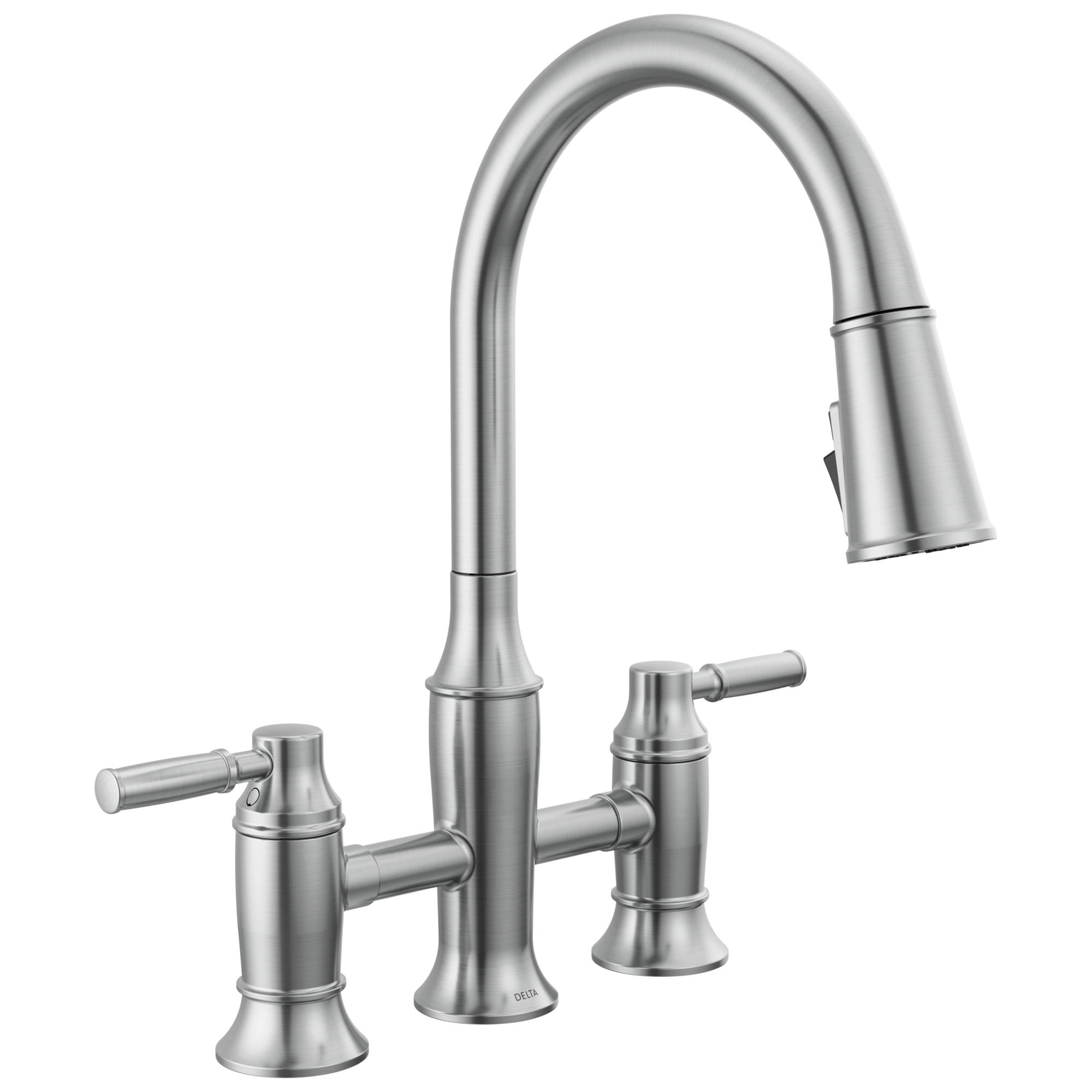 Delta Delta Renaldi™: Two Handle Pull-Down Bridge Kitchen Faucet Delta Delta Renaldi™: Two Handle Pull-Down Bridge Kitchen Faucet
