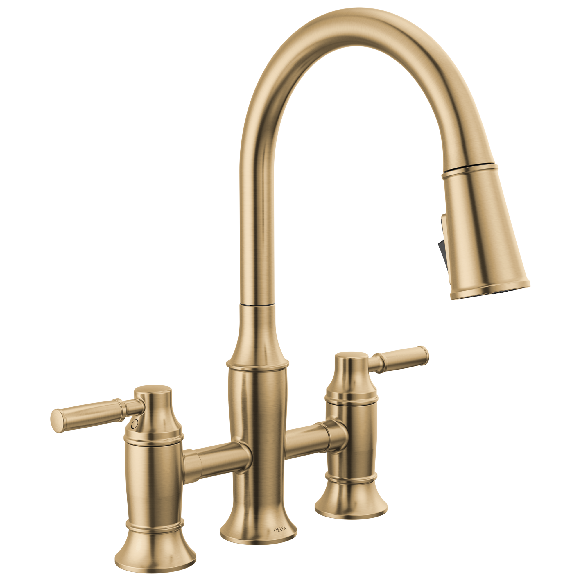 Delta Delta Renaldi™: Two Handle Pull-Down Bridge Kitchen Faucet Delta Delta Renaldi™: Two Handle Pull-Down Bridge Kitchen Faucet
