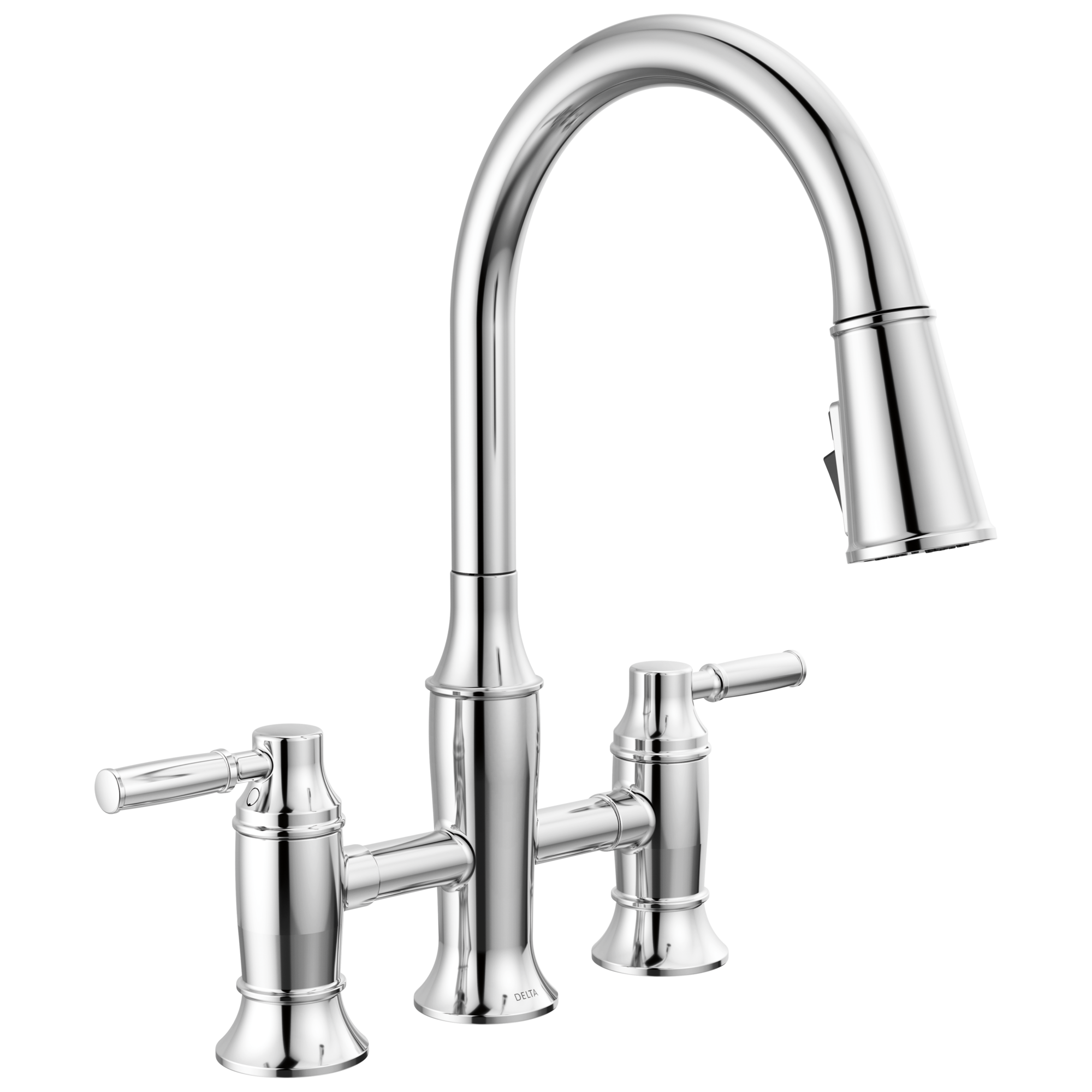 Delta Delta Renaldi™: Two Handle Pull-Down Bridge Kitchen Faucet Delta Delta Renaldi™: Two Handle Pull-Down Bridge Kitchen Faucet