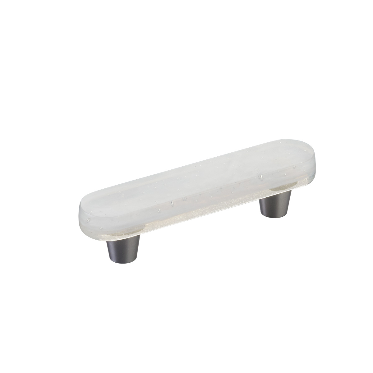 Schaub and Company Fused Glass, Oval Pull 4-1/2" x 1" Overall, 3" cc, Translucent White, Conical Stem, Brushed Stainless Steel