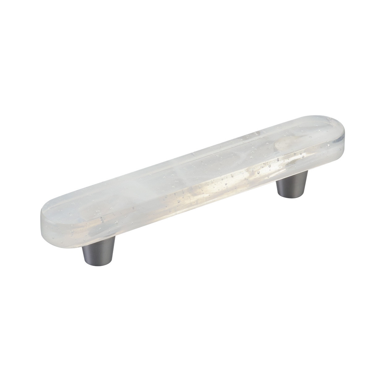 Schaub and Company Fused Glass, Oval Pull 6" x 1" Overall, 4" cc, Translucent White, Conical Stem, Brushed Stainless Steel