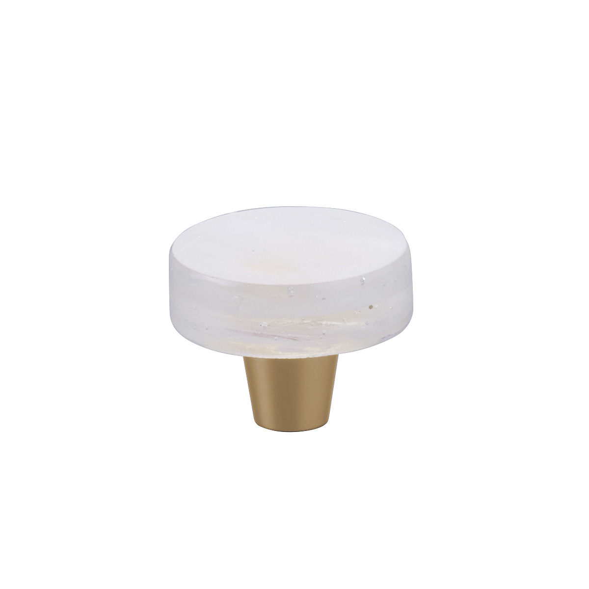 Schaub and Company Fused Glass, Small Round Knob 1-1/2" Dia, Translucent White, Conical Stem, Gold