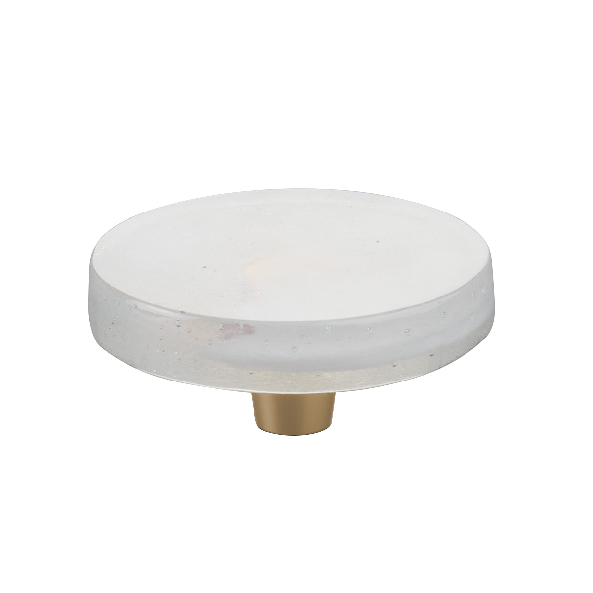 Schaub and Company Fused Glass, Large Round Knob 2-1/2" Dia, Translucent White, Conical Stem, Gold